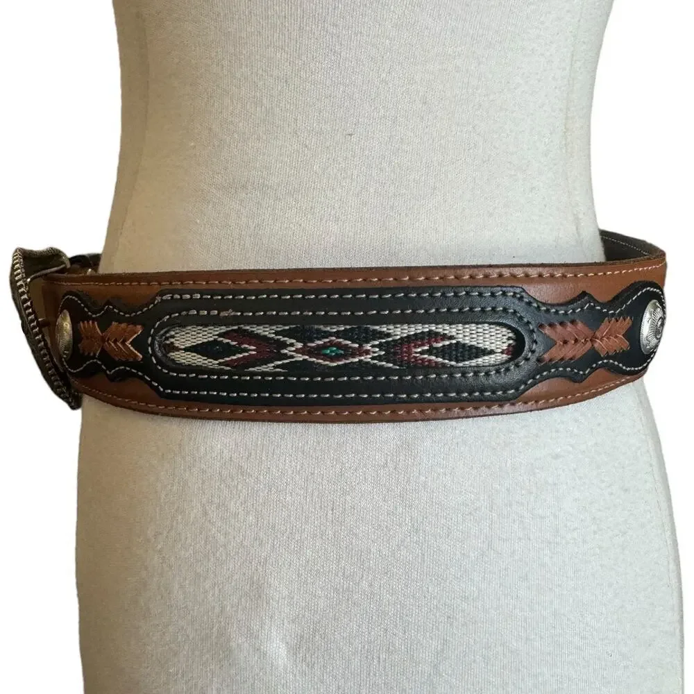 Wrangler Southwestern Tooled Stitched Leather Belt